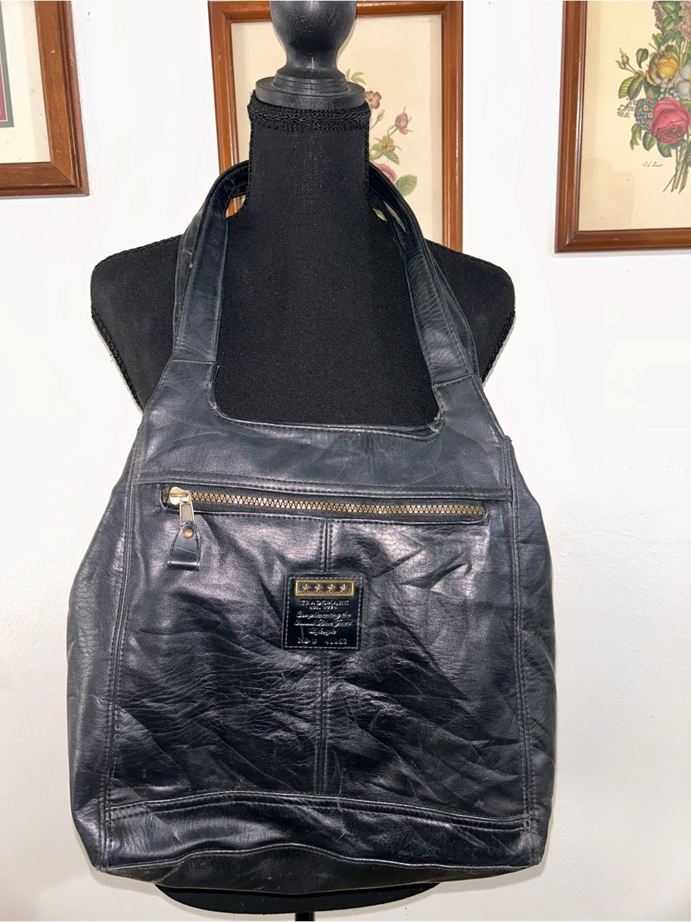 Faded Glory Black Leather Messenger Tote with Front Zip Pocket